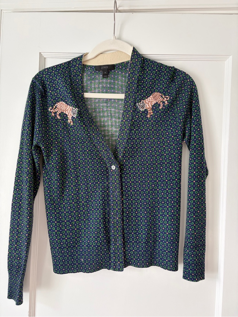 J. Crew Navy Cardigan with Green and Peach Floral Pattern